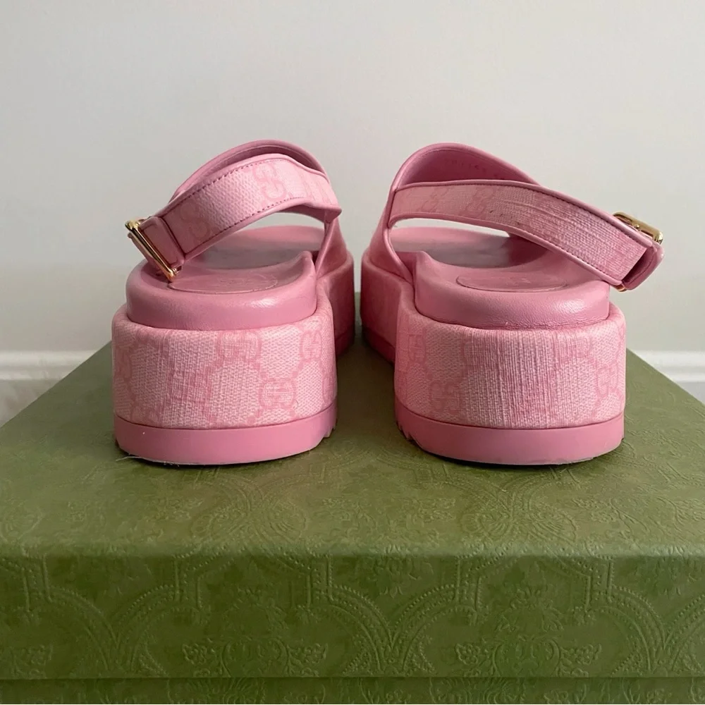 Gucci Angelina Pink GG Supreme Coated Canvas Slingback Platform Sandals 38 - Picture 6 of 16